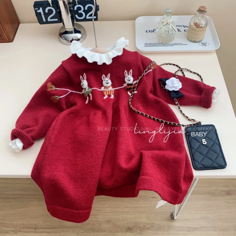 

Children's Rabbit Knitted Sweater Dress 0-7 Years Old Autumn Girl's Red New Year Clothes Baby Embroidered A- line Skirt