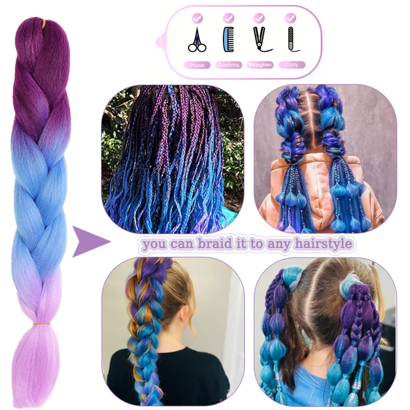 24Inch Synthetic Purple Braiding Hair Extensions Ombre Long Yaki Straight Jumbo Braids Hairpiece Crochet Hair for Women DIY