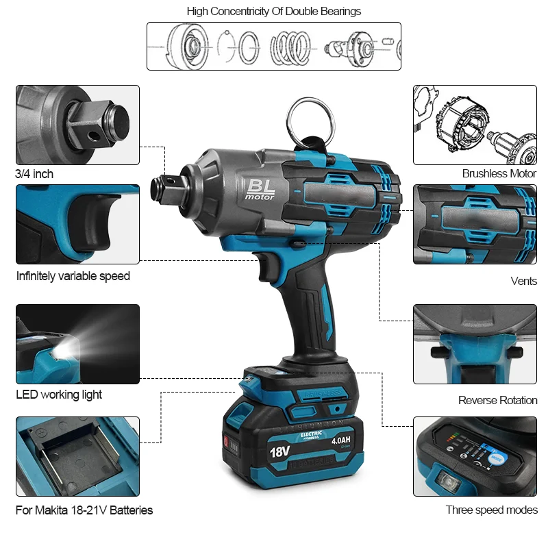 Clé à chocs électrique sans fil Gisam 1800N.M, 1/2 pouce, outil électrique pour visseuse, compatible avec batterie Makita 18V 1420 Clé à chocs électrique sans fil Gisam 1800N.M, 1/2 pouce, outil électrique pour visseuse, compatible avec batterie Makita 18V 1420