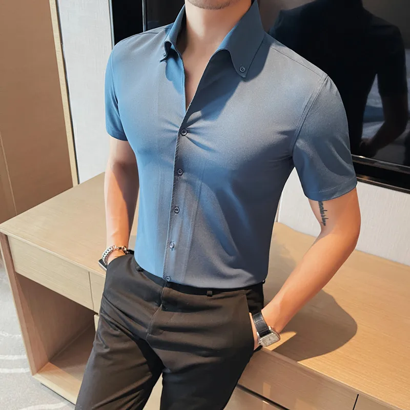 

Рубашка мужская с коротким рукавом, однотонная Блуза в полоску, саржевая деловая Классическая, большие размеры 5XL, лето