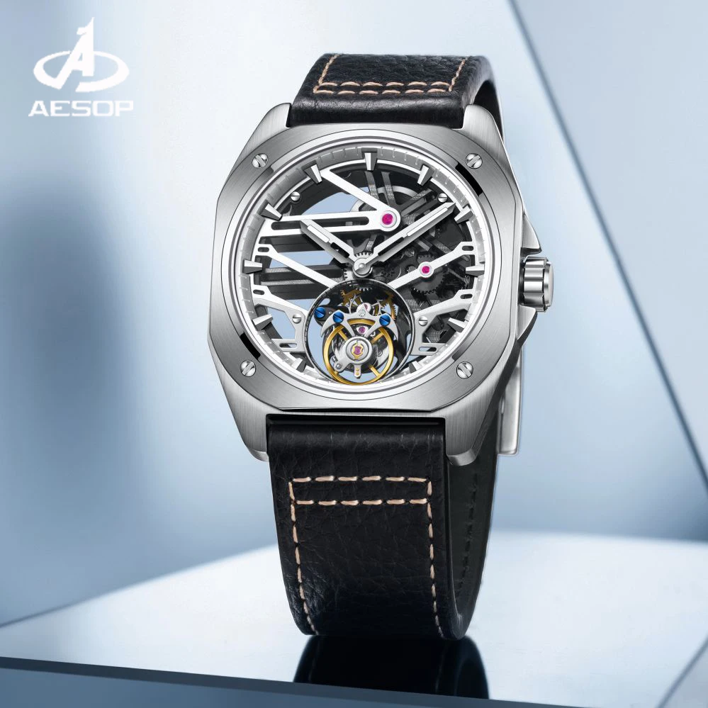Orologio Meccanico Da Uomo Aesop Tourbillon 7058 – Cassa Quadrata In Cristallo, Vetro Zaffiro, Cinturino In Silicone