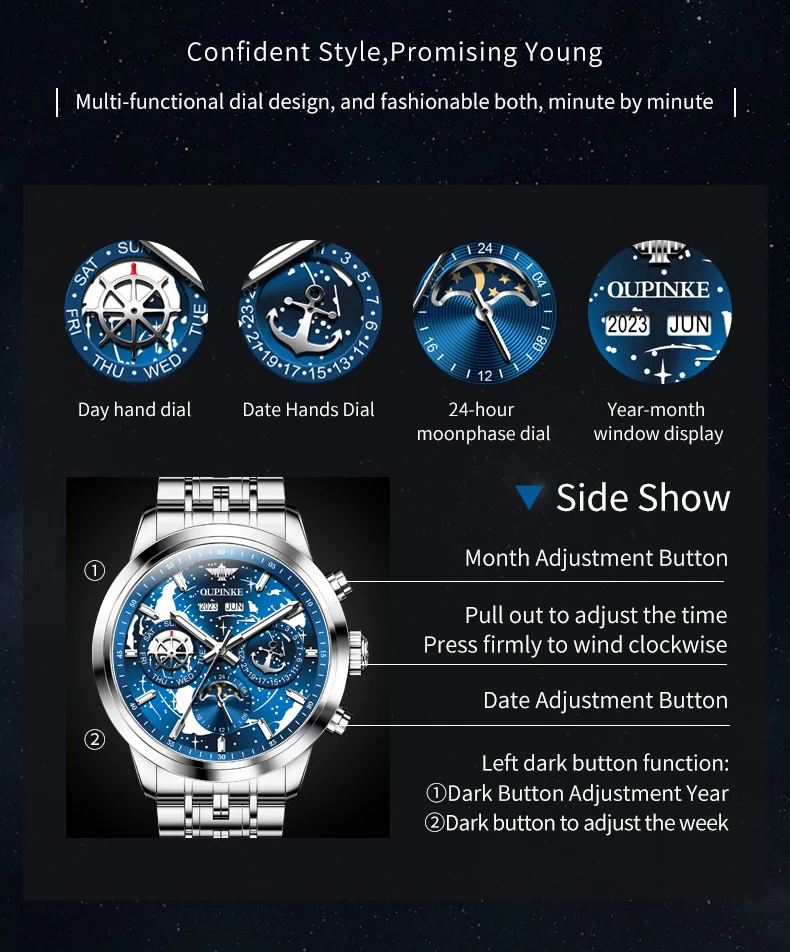 OUPINKE Luxury Watch for Men Automatic Mechanical Watches Moon Phase Sapphire Mirror Waterproof Men's Wristwatch 2023 Top Brand