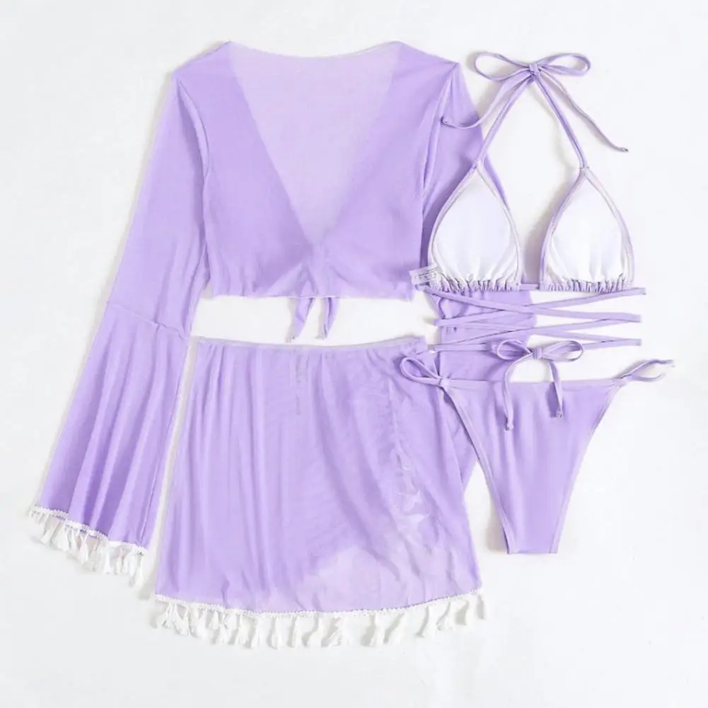 Women Swimsuit Stylish 4pcs Women's Bikini Set with Flared Sleeve Cover Up Halter Bra High Waist Skirt Solid Color for Beach - Image 4