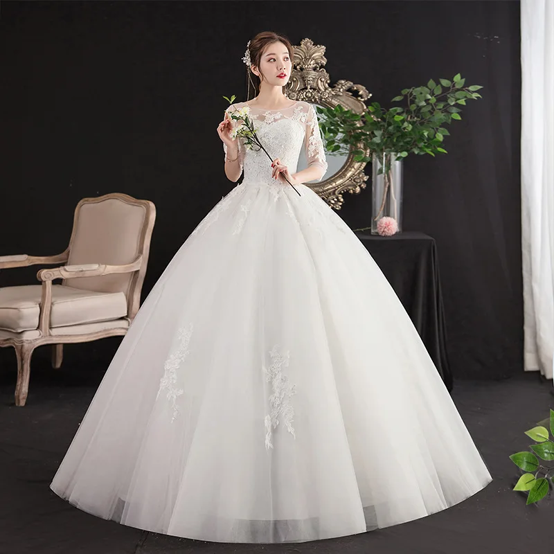 

It's Yiiya White Wedding Dress Appliques O-neck Half Sleeves Lace up Princess Floor-length Plus size Women Bride Ball Gown FH096