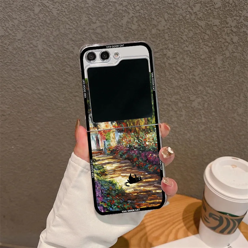 Aesthetic Black Cat Art Van Gogh Folding Phone Case, Clear Cover