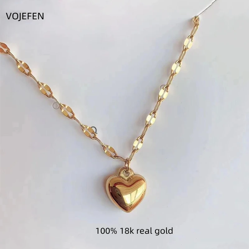 

VOJEFEN Women Necklace Heart Pendant And High Quality Fine 18K Gold True Pure Elegant Necklaces Girl Jewelry Neck Chains Jewlery