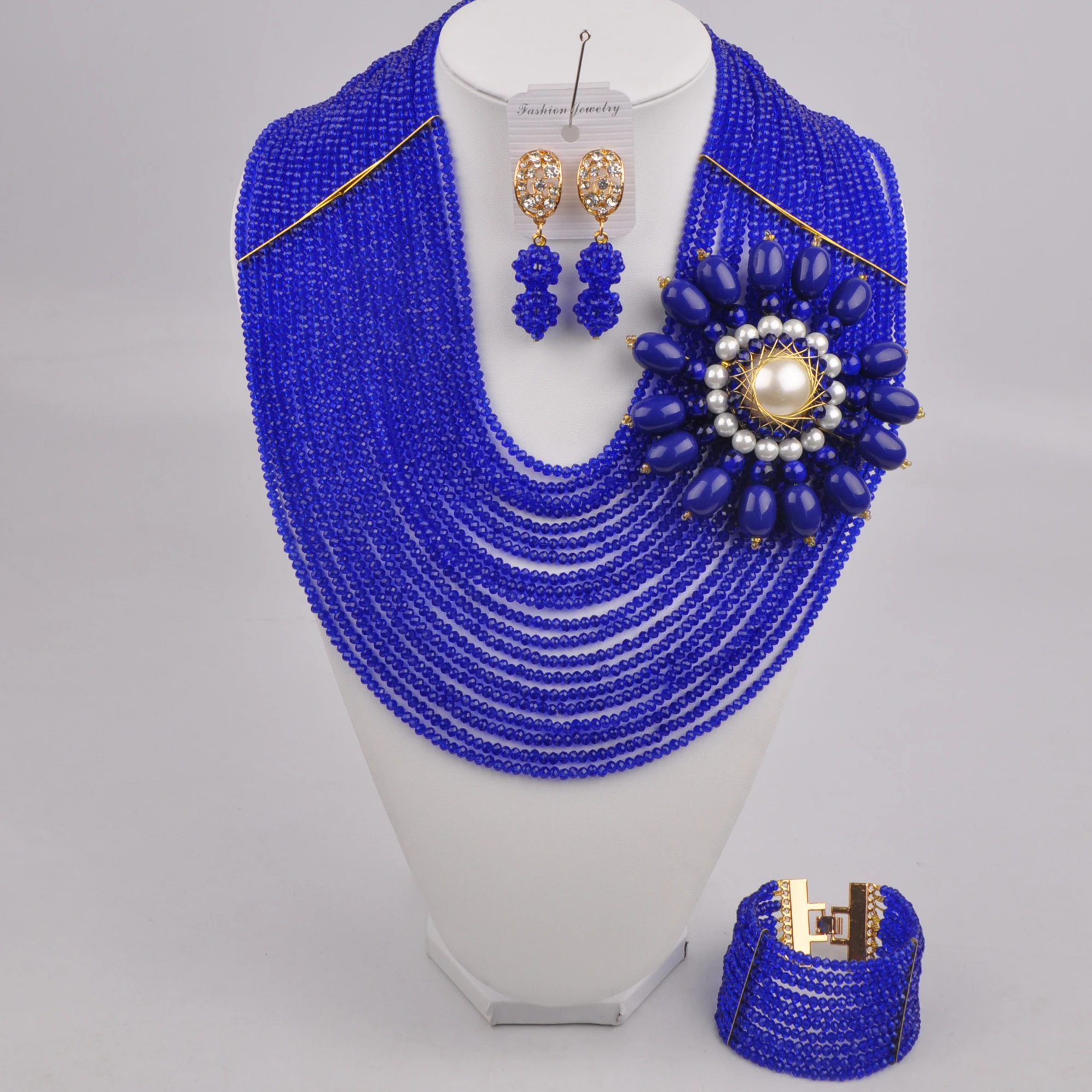 

20Rows Royal Blue African Beads Jewelry Set Crystal