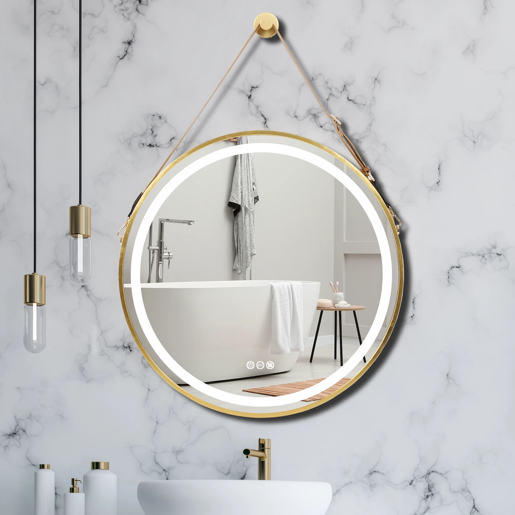 Frame Round Mirror Round Bathroom Mirror with Light Wall Mounted Lighted Vanity Mirror Anti Fog Dimmable Touch Switch