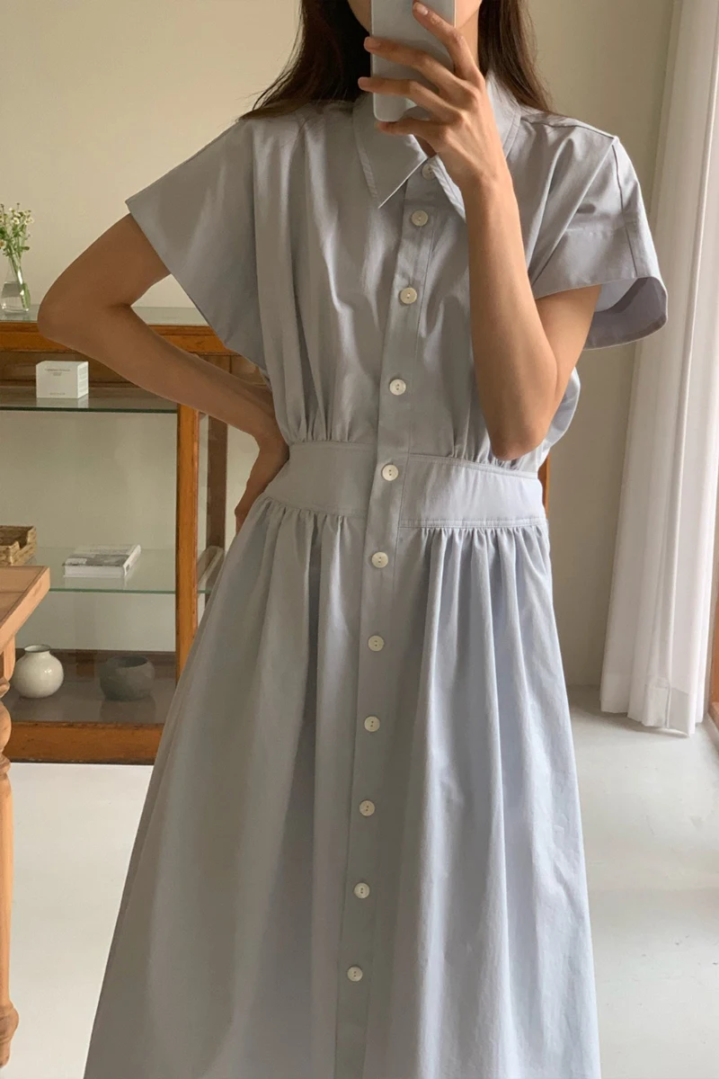 빈티지 폴로 칼라 틈새 허리 장착 싱글 브레스트 반소매 셔츠 스타일 드레스 여성 여름 새 모델 복고풍 패션  Best5