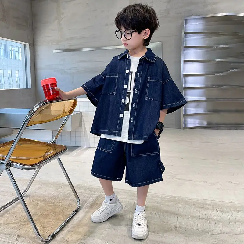 

2023 Summer Fashion Baby Girl Boys Denim Clothes Sets Short sleeve Jacket+Shorts 2PCS Big Kid Jean Clothing Suit Teenage Clothes