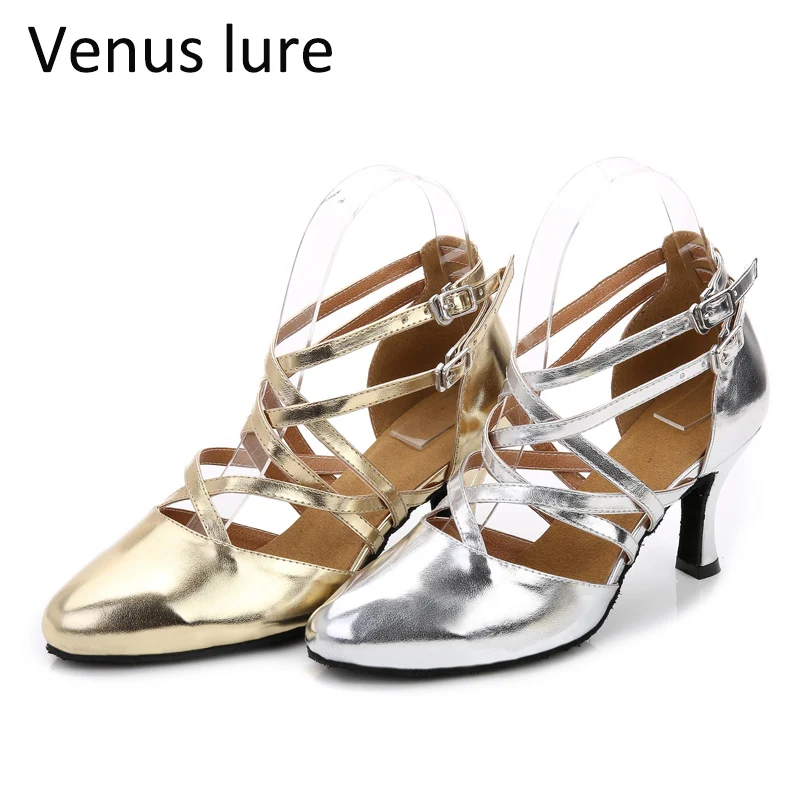 

Женские туфли для латиноамериканских танцев Venus под заказ, искусственная кожа, серебристые туфли для сальсы с закрытым носком 7,5 см
