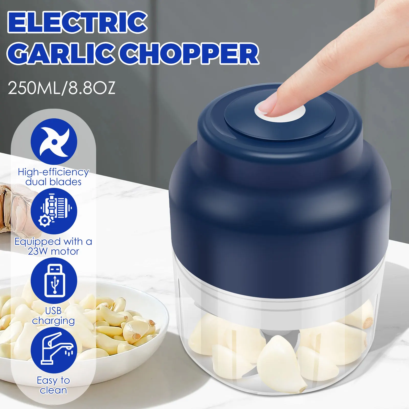 Electric Garlic Chopper 23W 5V Portable Veggie Chopper Garlic Grinder Masher Cordless Food Processor for Home Kitchen