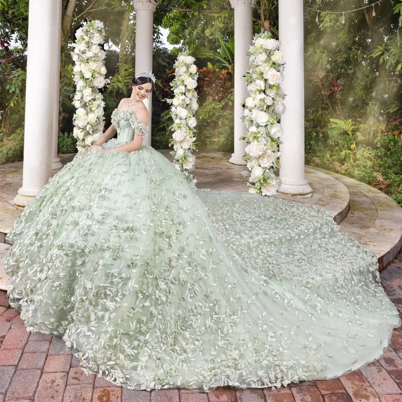 

Light Green Gillter Princess Quinceanera Dresses 2024 Off Shoulder 3D Floral Applique Lace Tull Lace-up Corset Vestidos 15 años