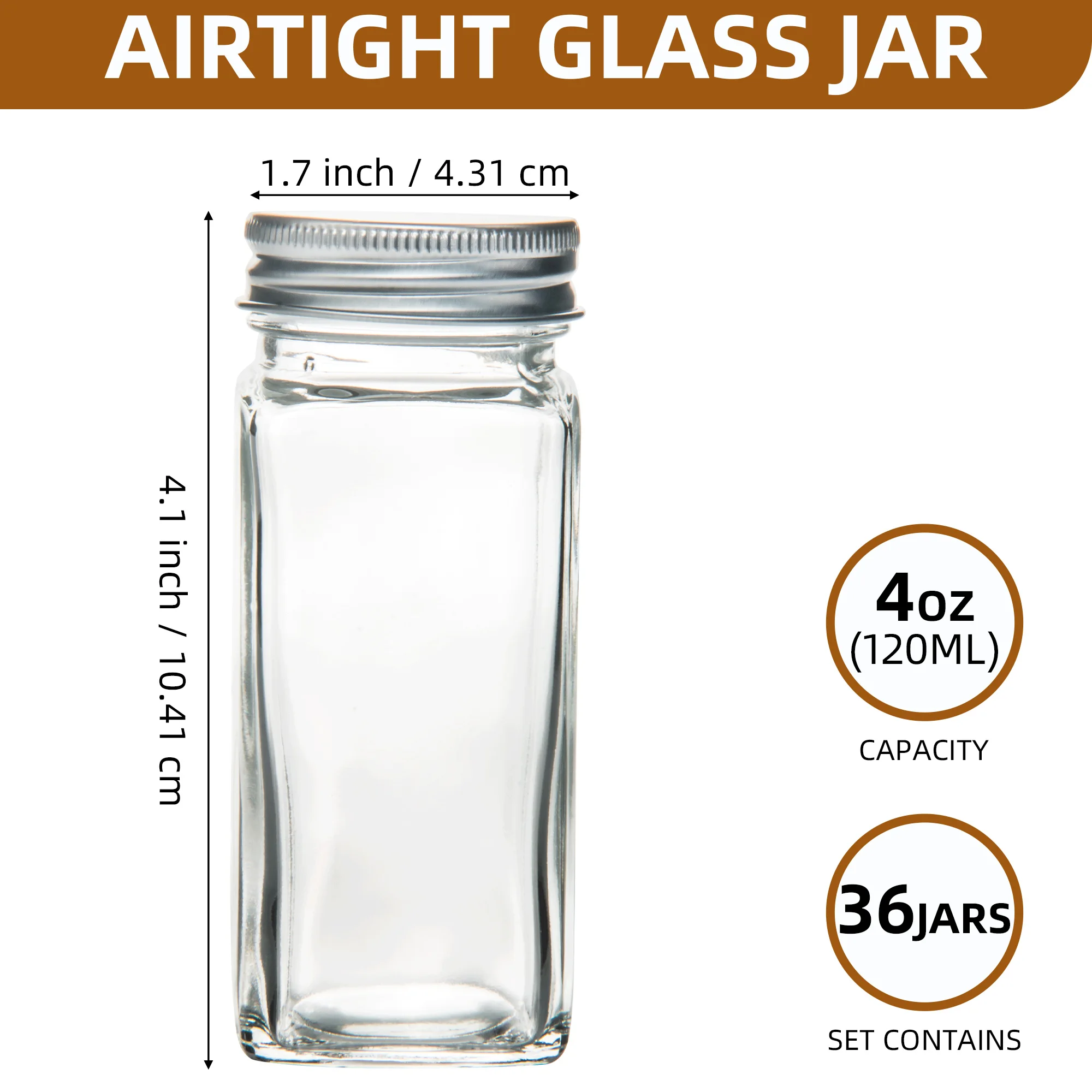 36 Pcs Glass Spice Jars Spice Labels 4oz Empty Square Bottles Shaker Lids Airtight Metal Caps