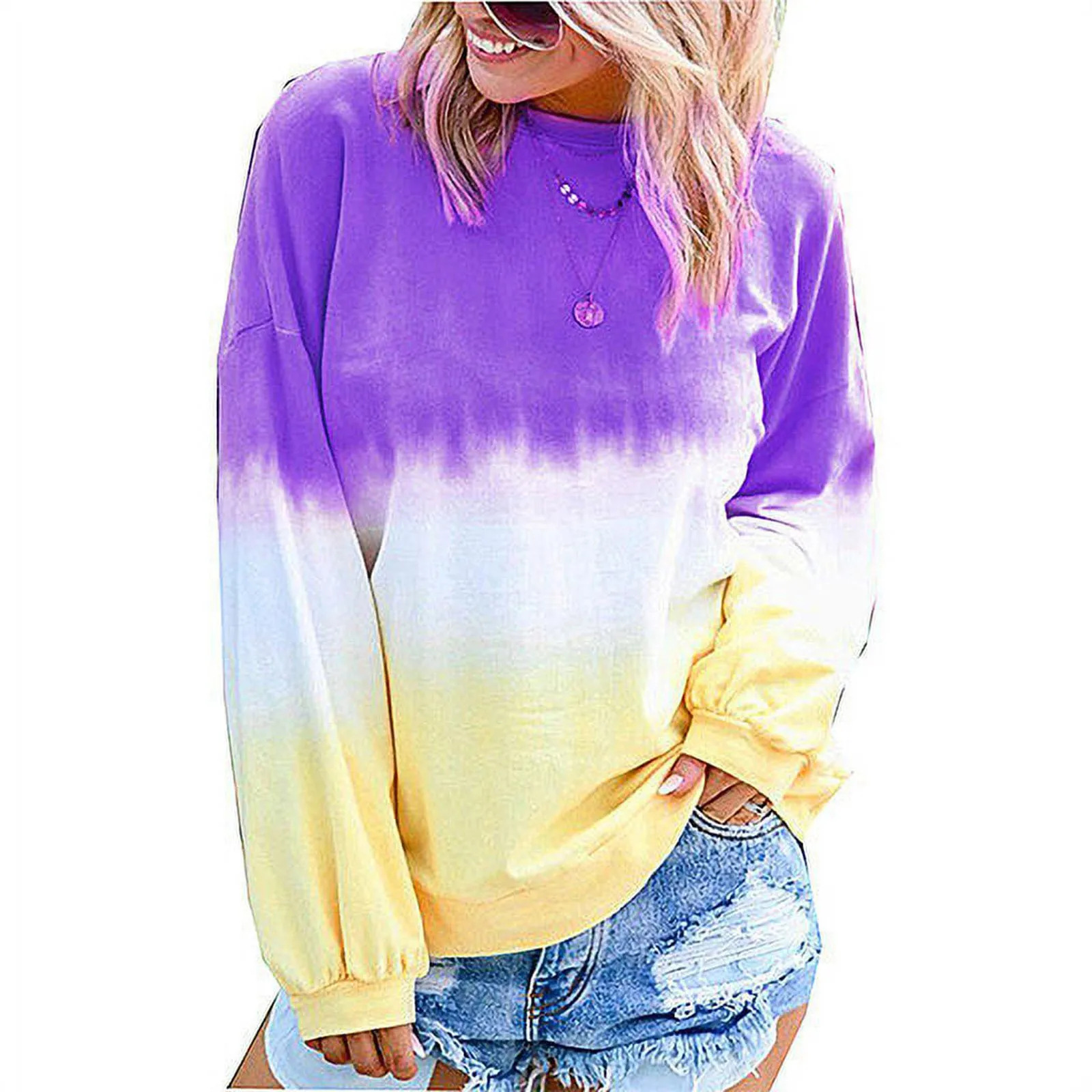 

Womens Long Sleeve Tops Sweats For Womens Casual O-Neck Gradient Contrast Color Long Sleeve Top Pullover Sweatshir