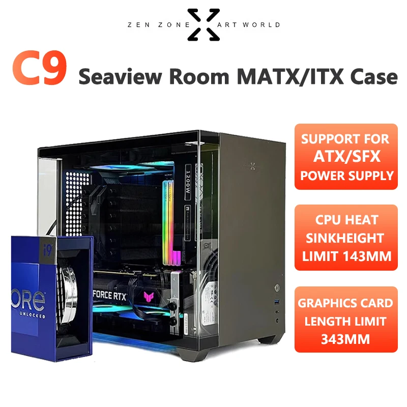 Zzaw C9 Computer Case Matx/Itx/Ytx Seaview Desktop Chassis Atx /Sfx Power Supply Side Transparency Small Pc Gaming Host Case