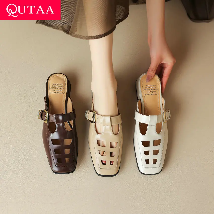 

QUTAA 2023 Slippers Women Sandals Low Heels Fashion Hollow Causual Working Genuine Leather Retro Shoes Woman Summer Size 34-42
