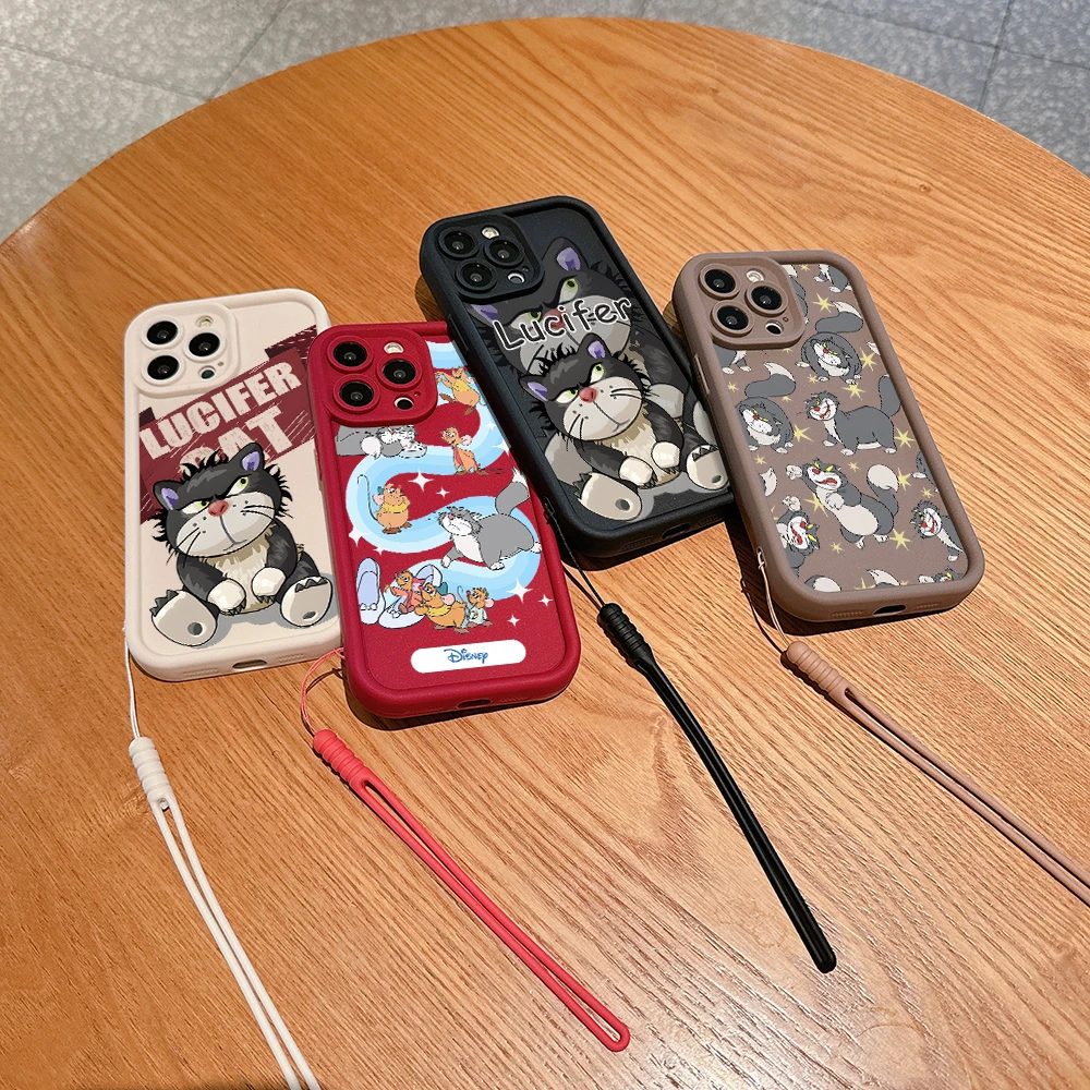디즈니 귀여운 루시퍼 고양이 전화 케이스, OPPO Reno 2 3 4 5 6 7 7Z 8 8T 10 11 Pro Plus 4G 5G 소프트 TPU 백 커버, 핸드 스트랩 포함