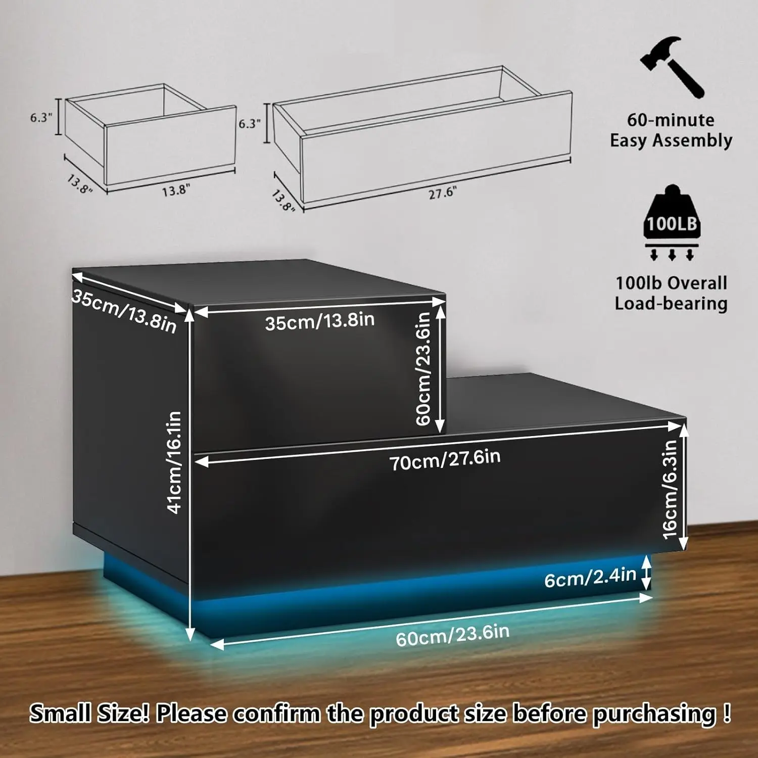 Small LED Nightstand Modern Black Night Table High Gloss Bedside Table with 2 Drawers Night Stand with Light End Side Tab