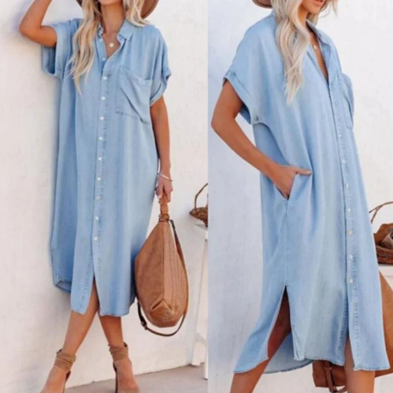 

Spring/Summer Women Sundress Elegant Shirt Long Dress Lapel Neck Short Sleeve Denim Vestido Office Ladies Casual Loose Dresses