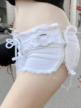 651 New Summer Europe and America Fashion Sexy Hottie Low Waist Ripped Ladies Denim Shorts Zip Up Lace-Up Hot Pants Jeans 2