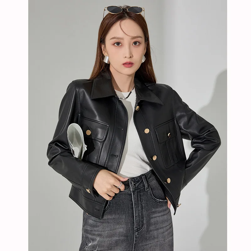 

High quality 2023 spring new locomotive sheep leather jacket women's single-breasted short jacket