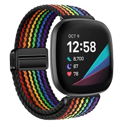 Magnetic Metal Braided Nylon Loop Strap - Adjustable Wristband - Fitbit Sense 2 (Black rainbow)