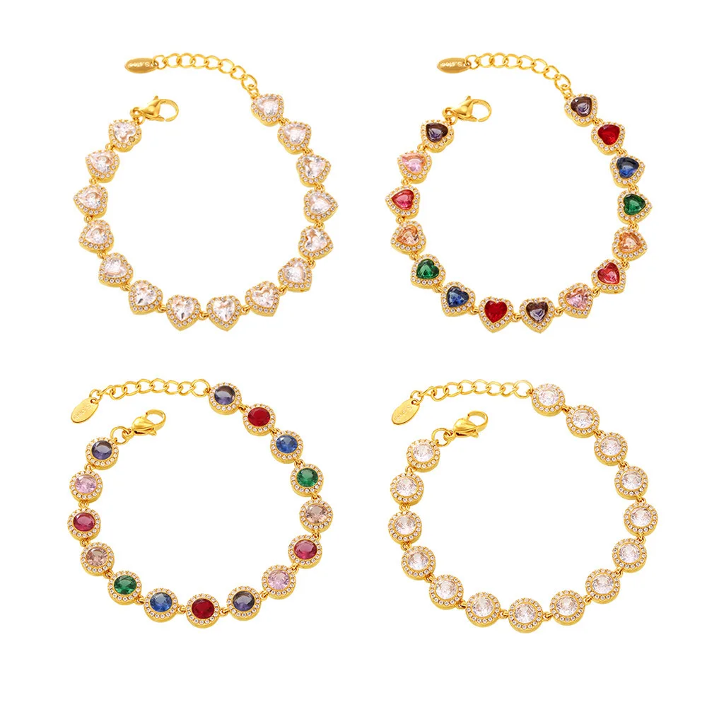 Farbiges Zirkonia-Herzarmband für Damen aus 316 Edelstahl, Vergoldet, Luxuriöser Armreif, Damen-Charm-Schmuck-Accessoires