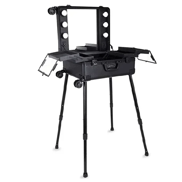 Black Table Beauty Case with Bulbs LED White Light Rolling Studio Makeup Artist Cosmetic Box with Light Leg Mirror Train