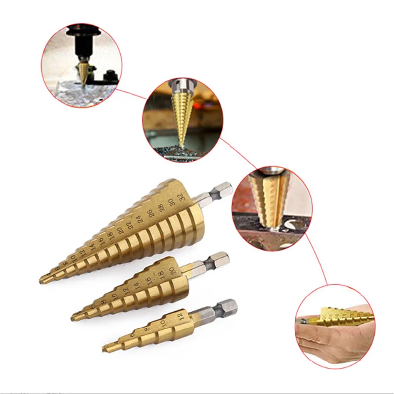 Step Drill Bit High Speed Steel Titanium Plated Hexagonal Handle Pagoda Expanding Tool Opener Step Drill Bit Set three blade spiral groove step drill hexagonal shank stainless steel metal hole opener reaming countersunk drill