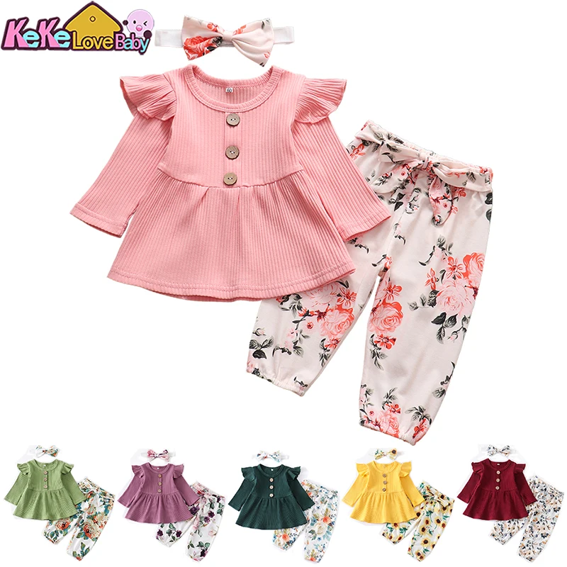 Newborn Baby Girl Clothes Set Solid Knitting Long Sleeve Tops Floral Print Pants Headband 3Pcs Outfits Casual Infant Clothing 2