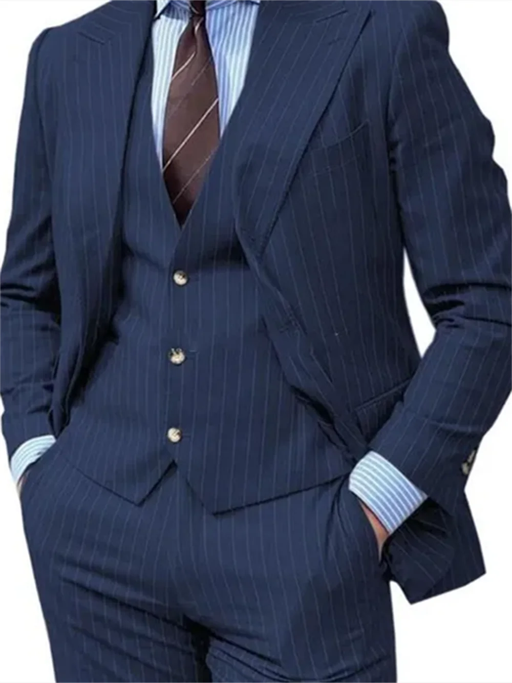 3 Pieces Grey Stripe Design Men Suits Peaked Lapel Formal Business Man Blazer  Groom Tuxedo Classic Fit Male Outfit 3