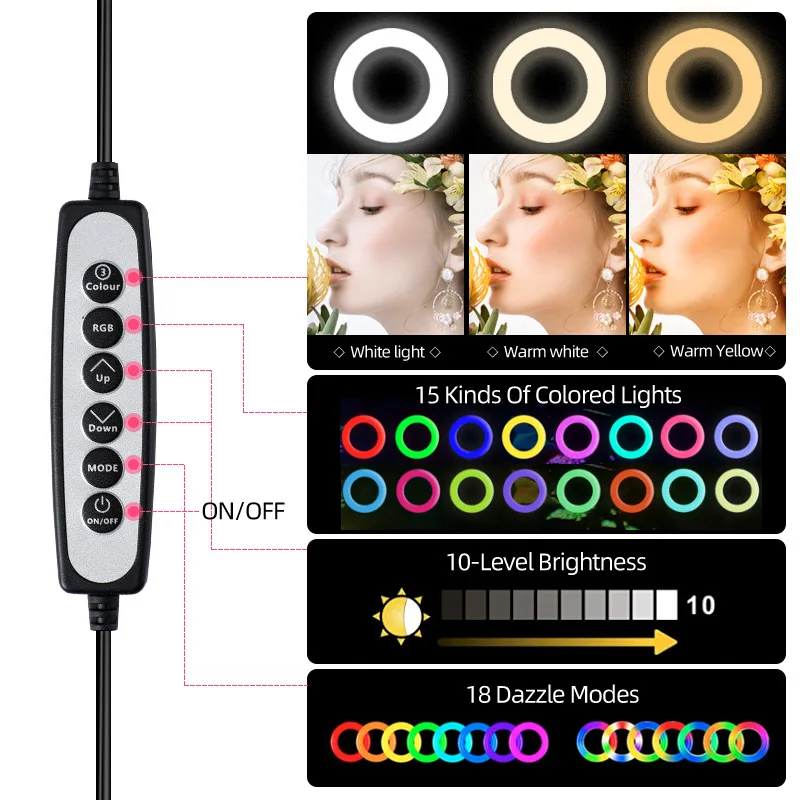 라이브 필 라이트 다채로운 LED 링 라이트, 휴대폰 플로어 스탠드, 셀카 뷰티 라이트, 틱톡용 리모컨 포함, RGB10 인치