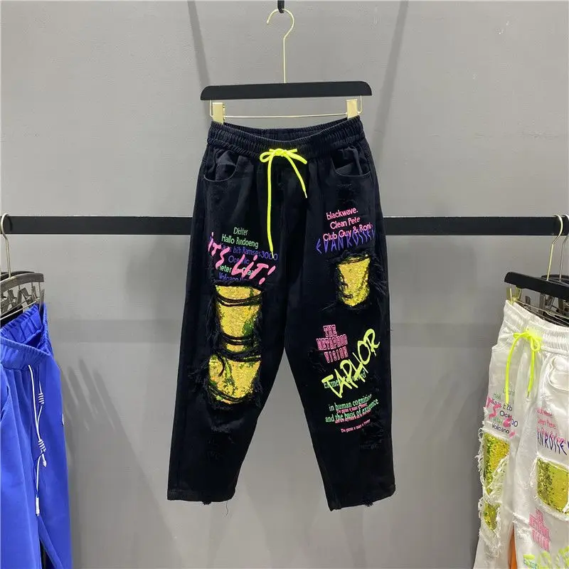 하이 스트리트 여름 새 여성 데님 청바지 찢어진 청바지 Feminino Rock Letters 프린트 바지 데님 바지 Capris BF Jeans