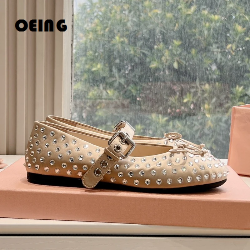 

Spring Women Studded Ballet Flats Round Toe Buckle Strap Mary Jane Shoes Elegant Butterfly-Knot Footwear Bling Crystal Shoes 40
