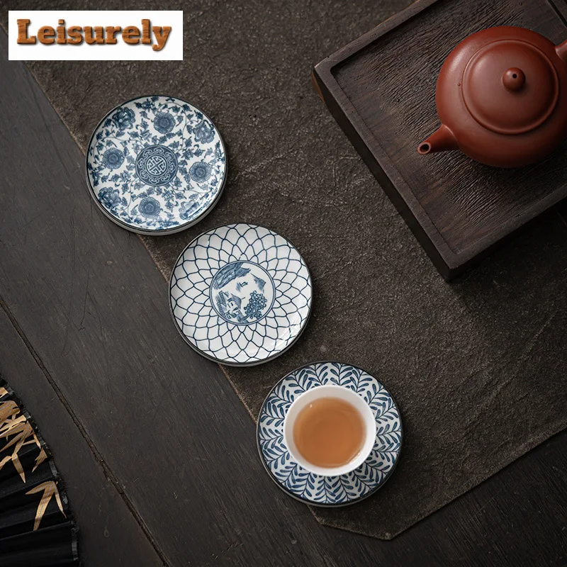 Blue and White Circular Cup Mat Ceramic Insulated Tea Tray Heat Resistant Placemats Teacup Holder Kung Fu Teaset Accessories