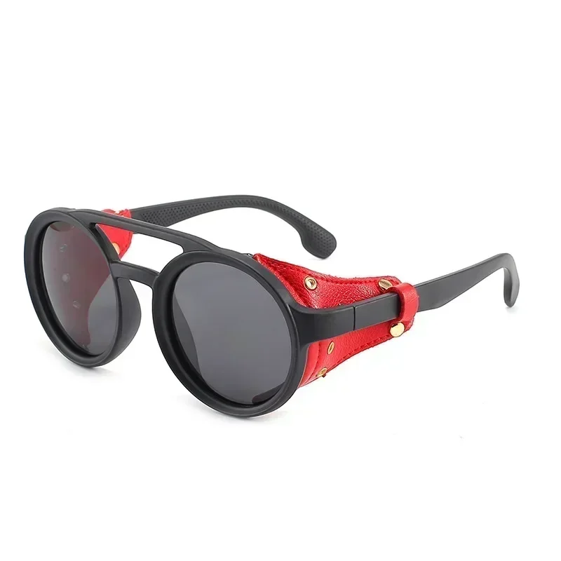 Steampunk Shields Unisex Round Sunglasses with Side Leather and UV400 Protection
