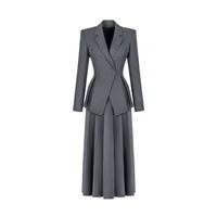 Autumn Winter Office Lady Elegant Two Piece Skirt Set Dress Elegant Workwear Gray Blazer+Pleated Skirt Outfits Fashionable - Image 6