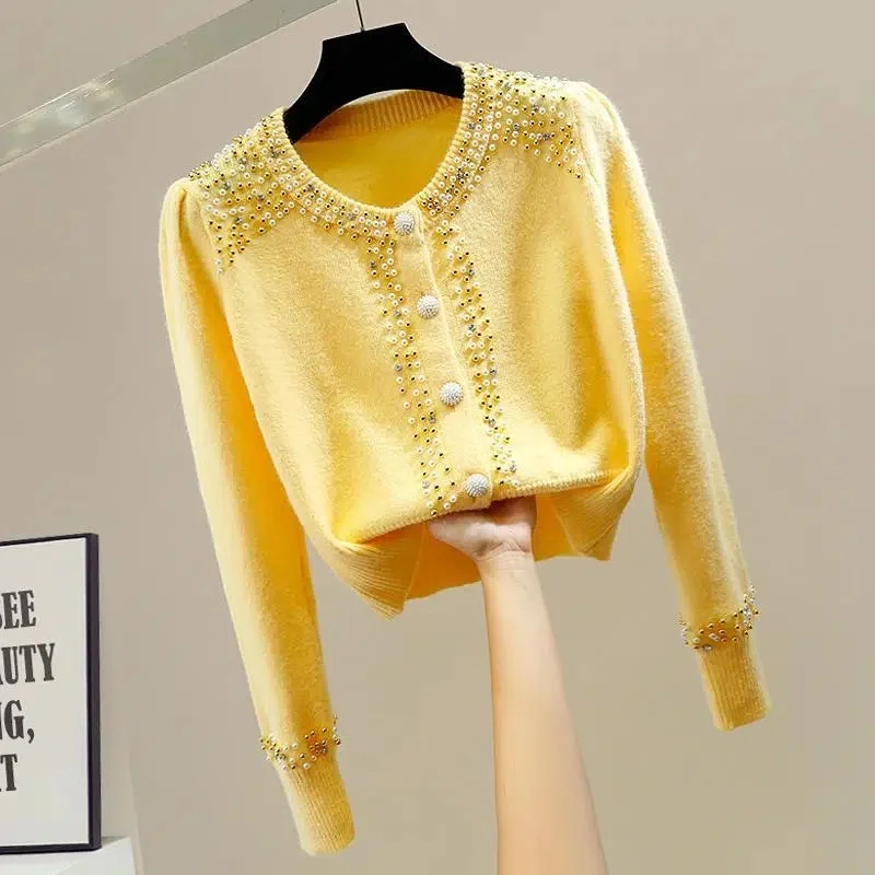 

Women's Sweater 2022 Autumn Winter New O-Neck Knitted Sweater Close-Fitting Beading Pullover Long-Sleeved Cardigan Knitwear Top