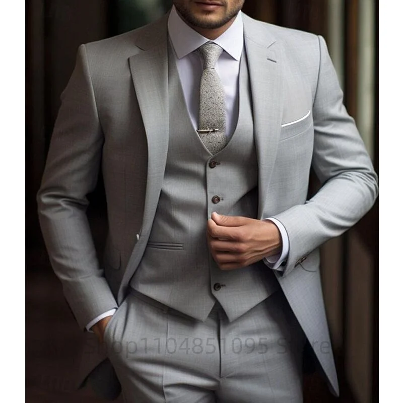 Men's Solid Color Slim Fit Formal Business Suit Wedding 3-Piece Set with Notch Lapel Blazer Vest And Trousers for Party Prom