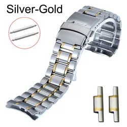 Elegant Silver and Black Stainless Steel Watch Strap - Premium Replacement Metal Bracelet with Straight & Curved Ends - 22mm (Silver Gold)