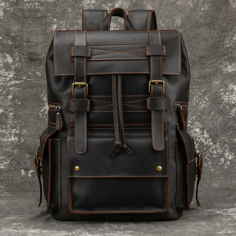 

Top Grade Genuine Leather Men Travel Backpack Luxury Leather School Backpack Weekender Bagpack Real Men Male Bag 17" Laptop Bag