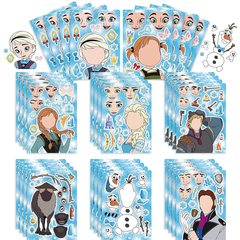 8/16Sheets Disney Princess Frozen Children DIY Puzzle Stickers Games Make a Face DIY Assemble Jigsaw Craft Sticker Education Toy dress up sticker children sticker self adhesive decorative diy craft waterproof princess make a face sticker gift rewards