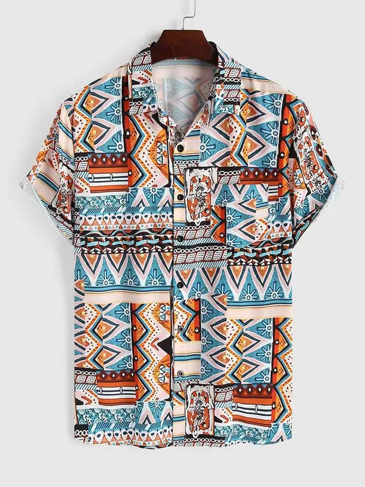 

2024 Shirts for Men Tribal Print Ethnic Blouses Summer Streetwear Shirt Lapel Vacation Short Sleeves Button UP Tops with Pocket