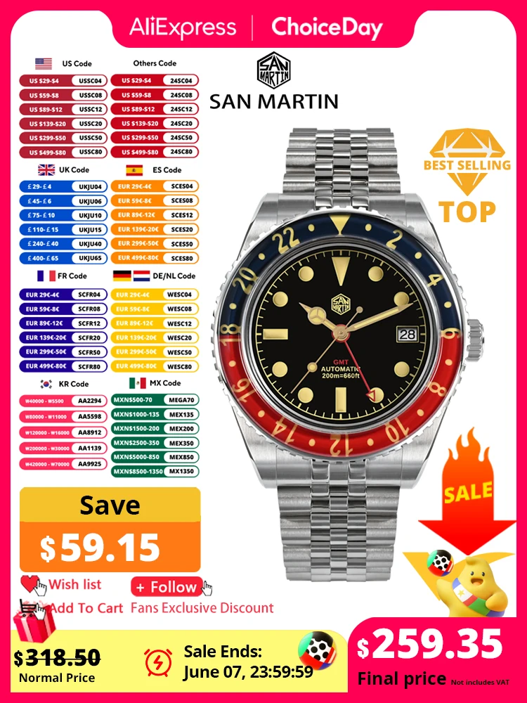 San Martin 양방향 사파이어 베젤 오토매틱 기계식 시계, NH34 40mm, GMT 럭셔리 스포츠 스타일, 전체 발광, 20 바, SN0005