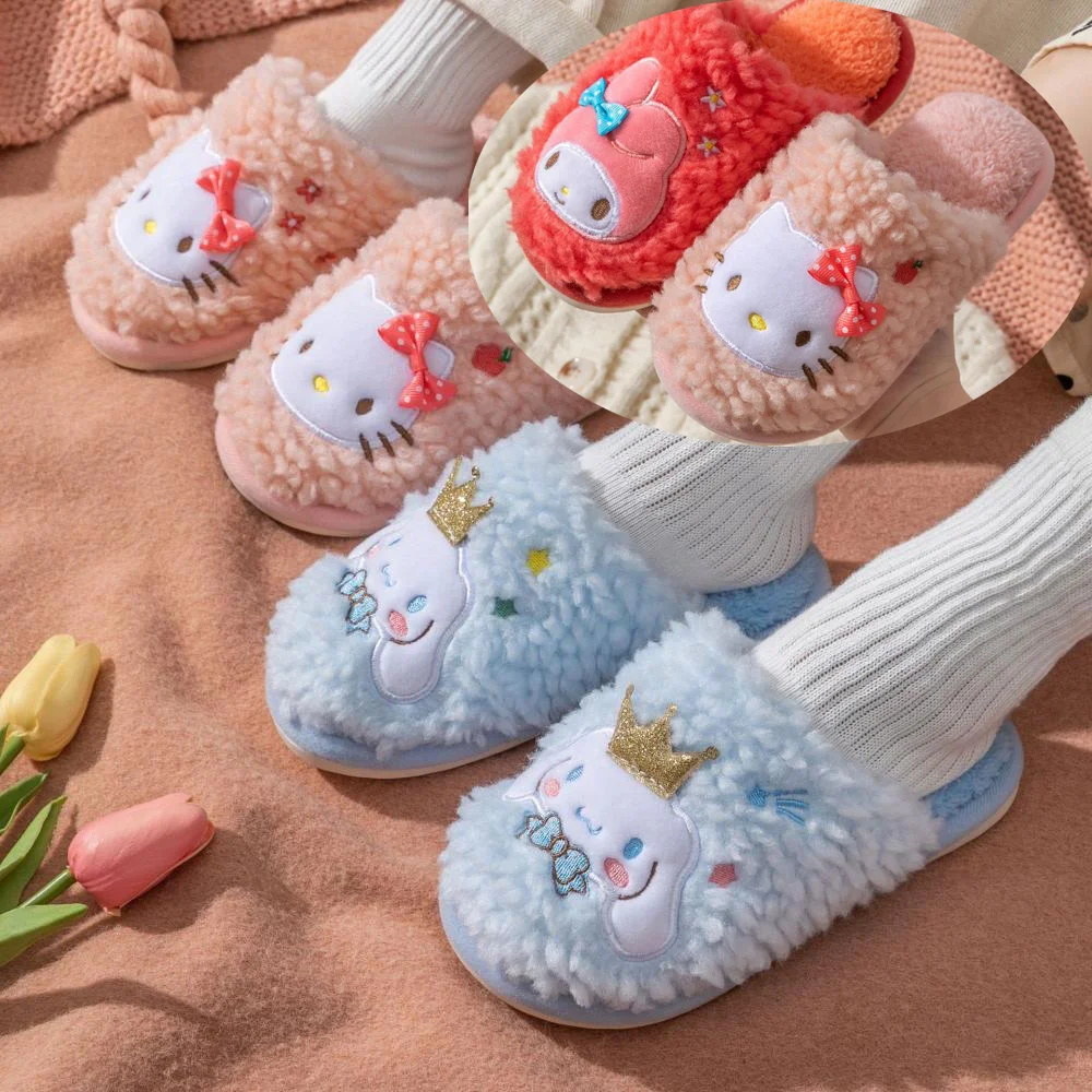 

Sanrios Kawaii Hello Kittys Women Home Plush Slippers Winter Sweet Cute Girls Anti Slip Indoor Cotton Shoes Fashion Warm Shoes