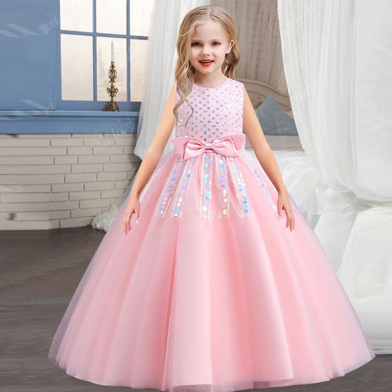 

Girls' sequin sleeveless princess dress 5-14 years old sweet bow mid-length dress wedding banquet host fashion high-end stage dr