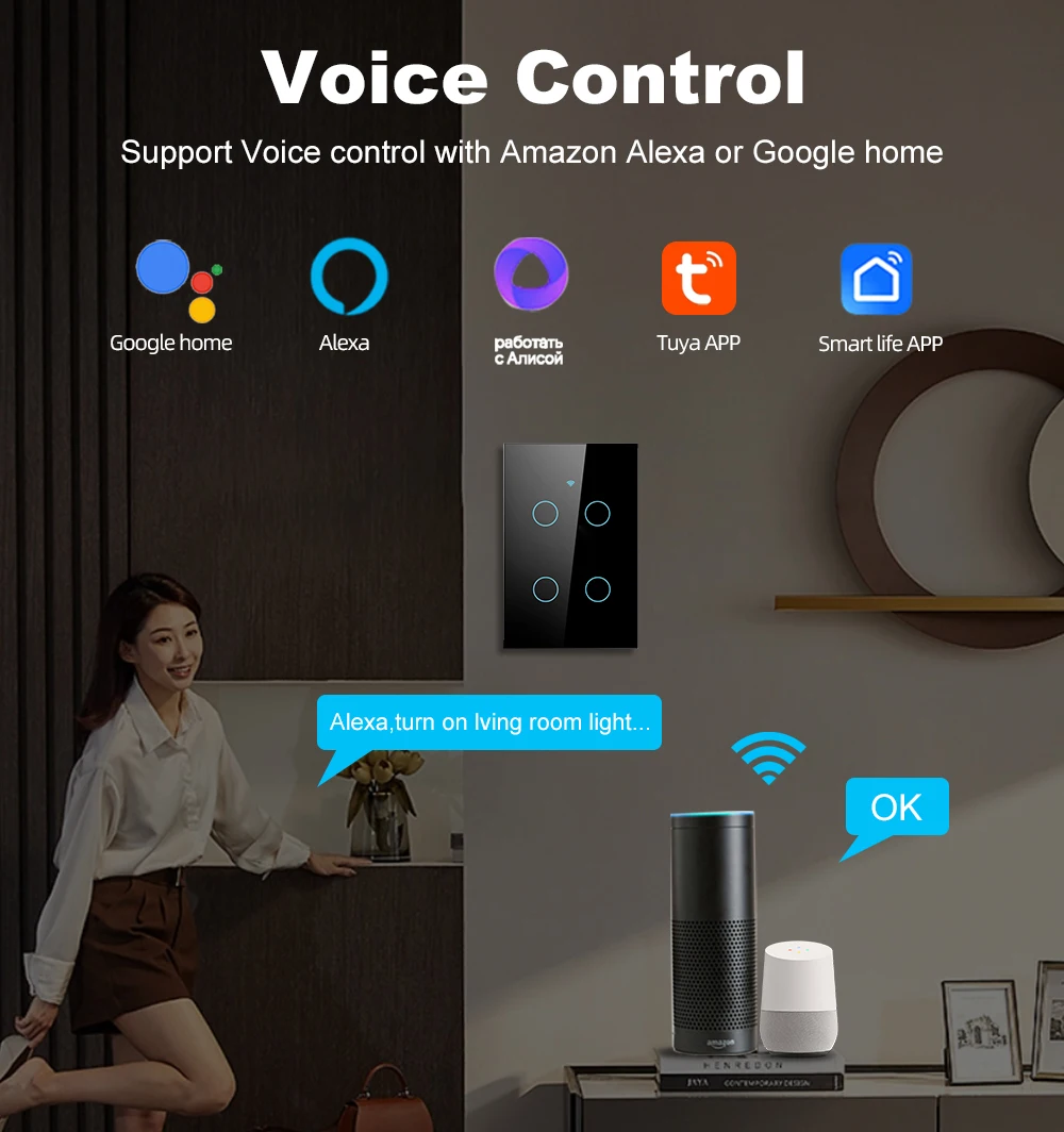 Tuya Wifi US Smart Switch Wire/No Neutral Wire 1/2/3/4Gang Mobile Phone Remote Voice Control Timing Google Assistant Alexa Voice