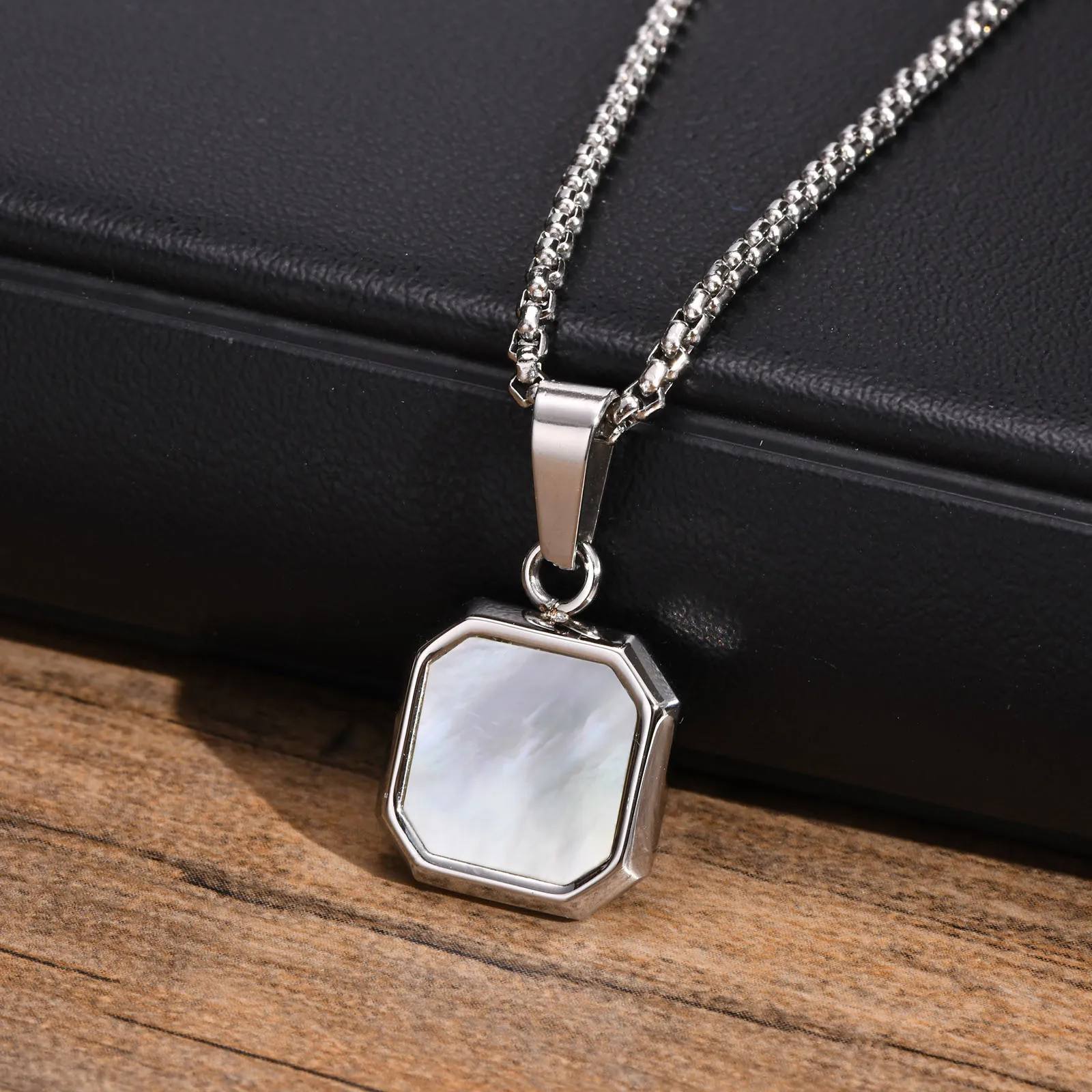 Stylish Stainless Steel Shell Necklace for Men,Hypoallergenic Waterproof Square Pendant,Male Collar Gift for Him