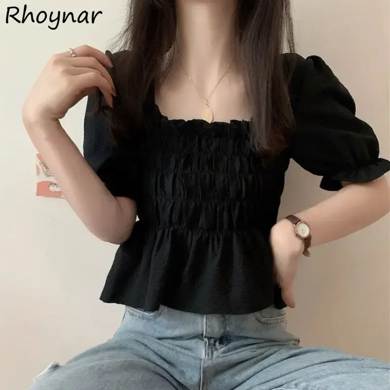 

Puff Sleeve Blouses Women Ruffles Hotsweet Summer Elegant Streetwear Schoolgirls Aesthetic Simple Square Collar Daily Basics Ins